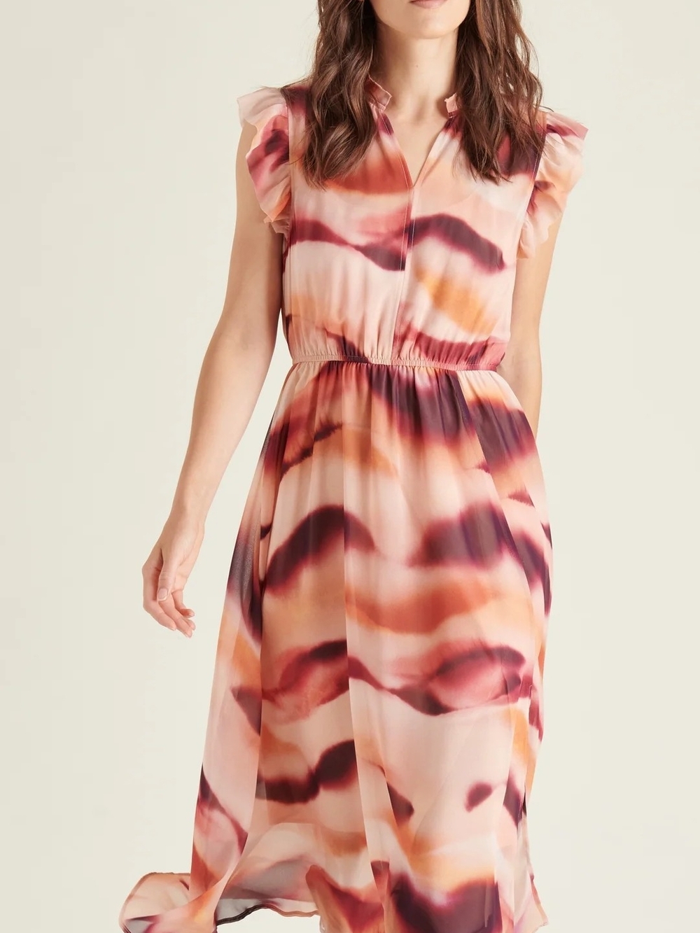 Steve Madden Blush Multi Watercolor Flutter Midi Dress